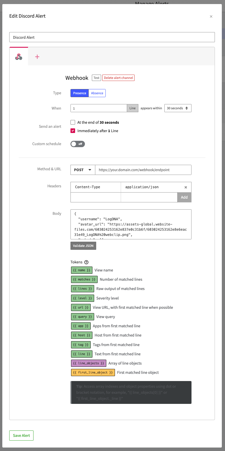 LogDNA Alert Webhook