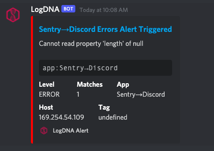 LogDNA Alert Discord Embed